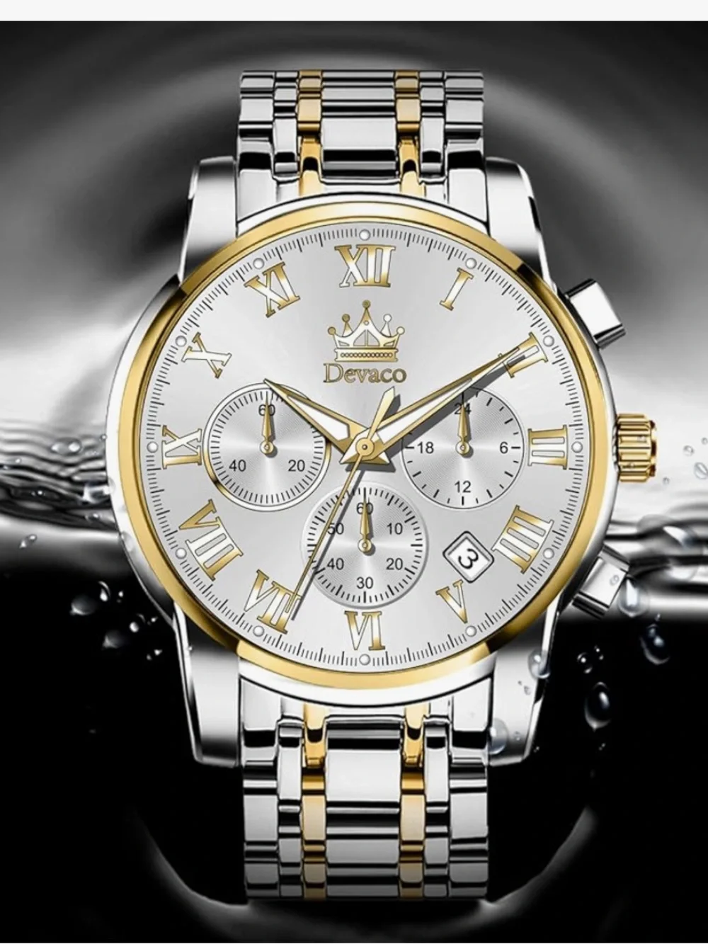 New! QUARTZ Devaco Business Mens Chronograph Watch Stainless Steel Waterproof